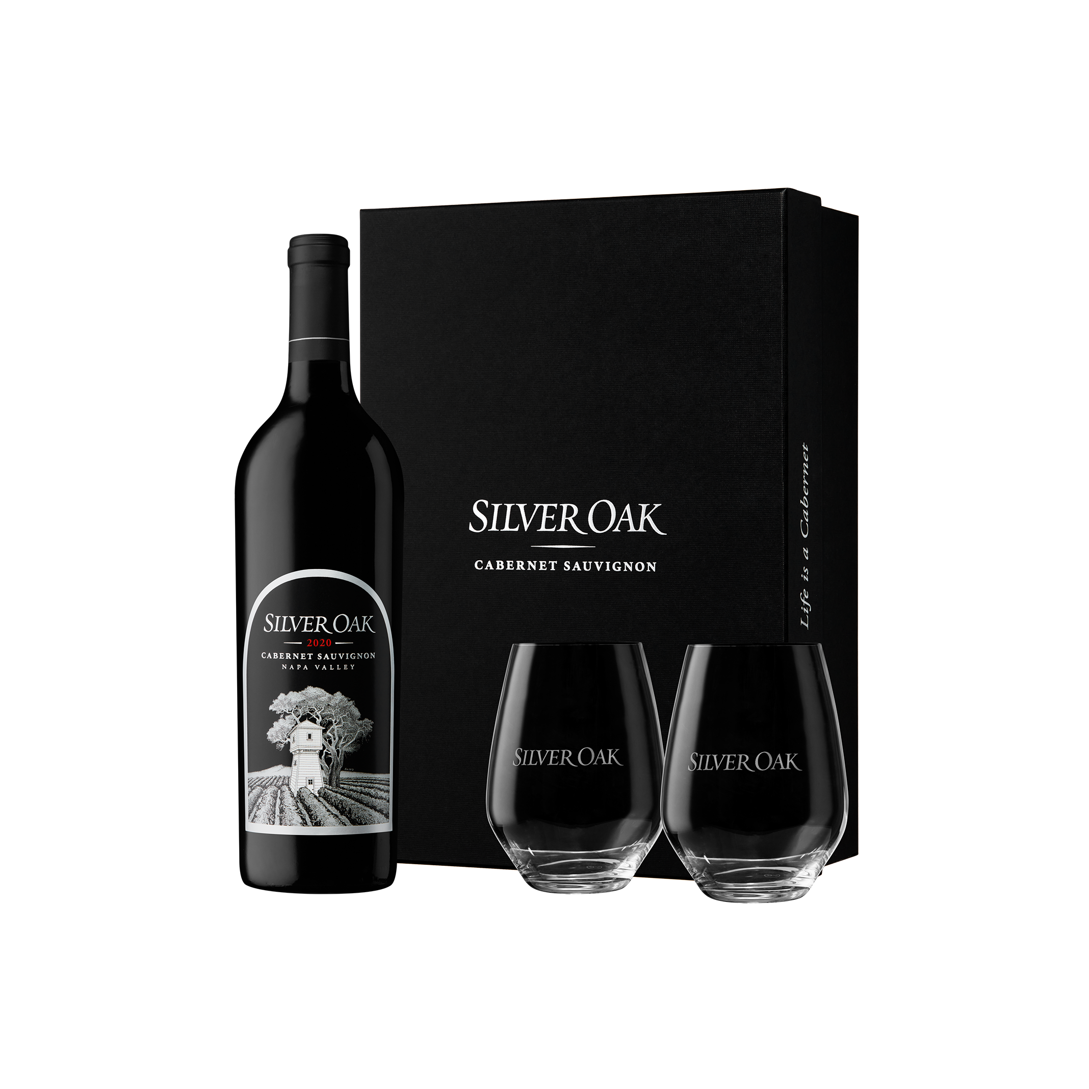 Silver Oak Napa Valley Cabernet Sauvignon wine bottle and two stemless wine glasses with a sleek black box on a white background