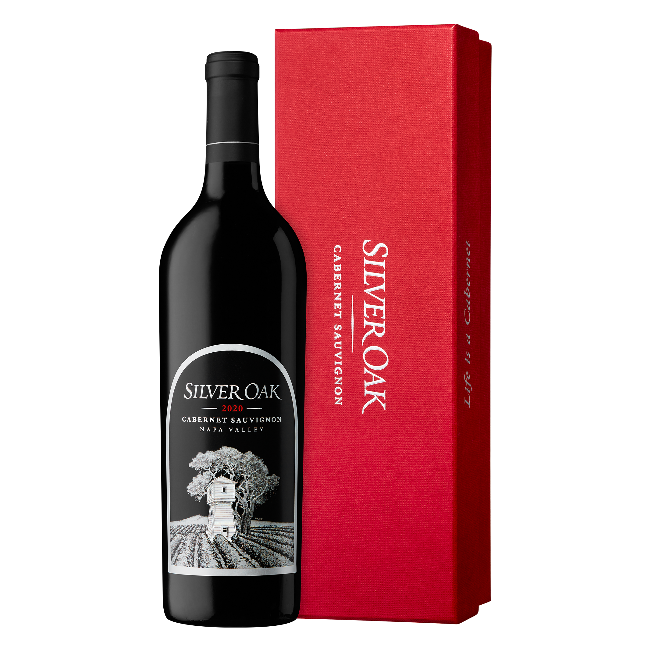 Silver Oak Cabernet Sauvignon wine bottle and red box on a white background