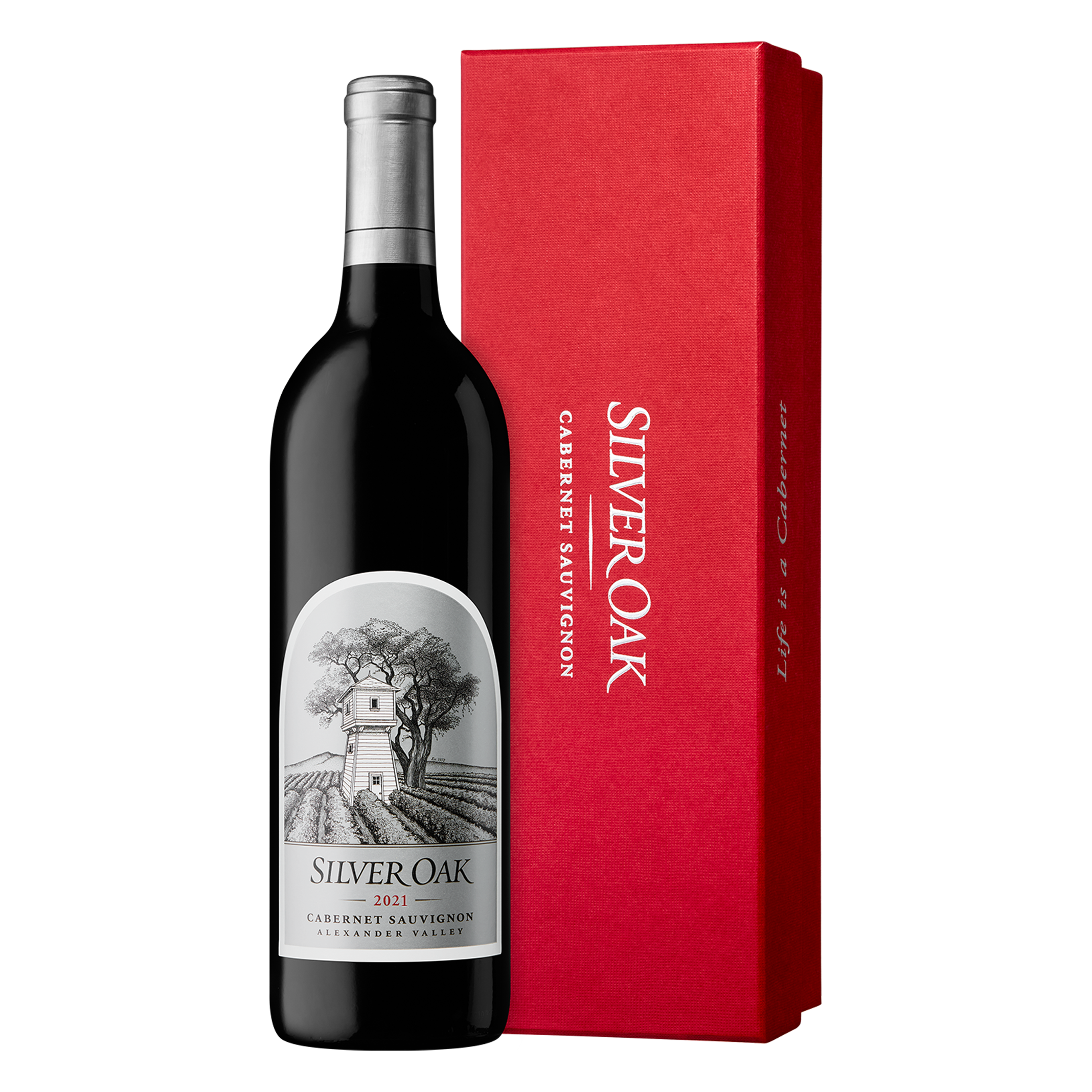 2021 Silver Oak Alexander Valley Cabernet Sauvignon wine bottle with red gift box