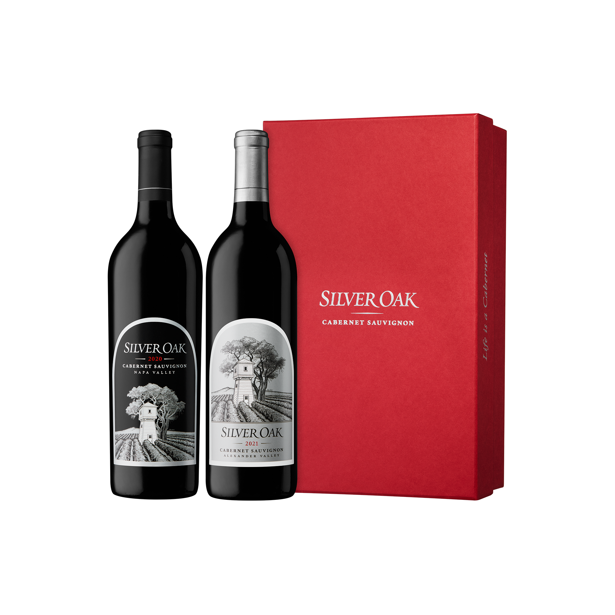 2020 Napa Valley Cabernet Sauvignon and 2021 Alexander Valley Cabernet Sauvignon wine bottles with a two-bottle red gift box