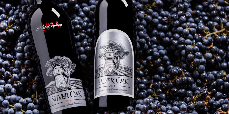 Silver Oak 2014 Alexander and Napa Valley wines on bed of grapes