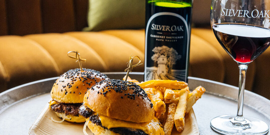 Burgers and fries served with 2019 Silver Oak Napa Valley Cabernet Sauvignon