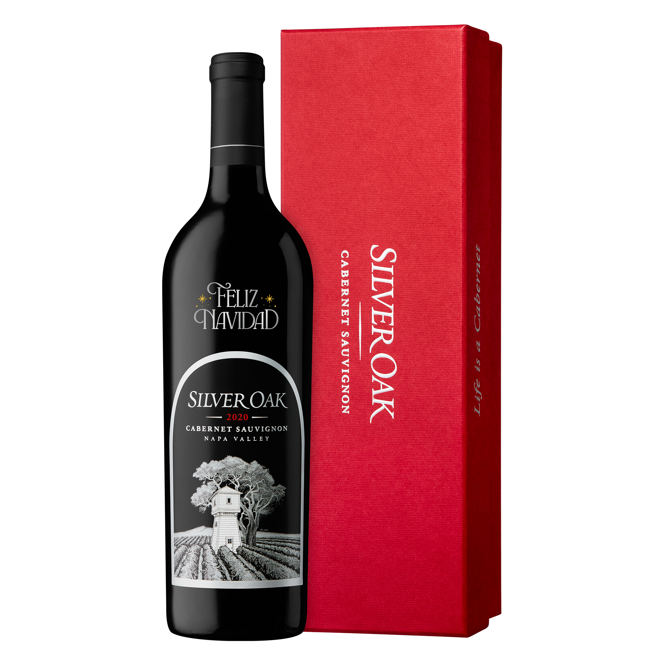 A bottle of 2020 Napa Valley Cabernet etched with the message "Feliz Navidad" encased in a red gift box.
