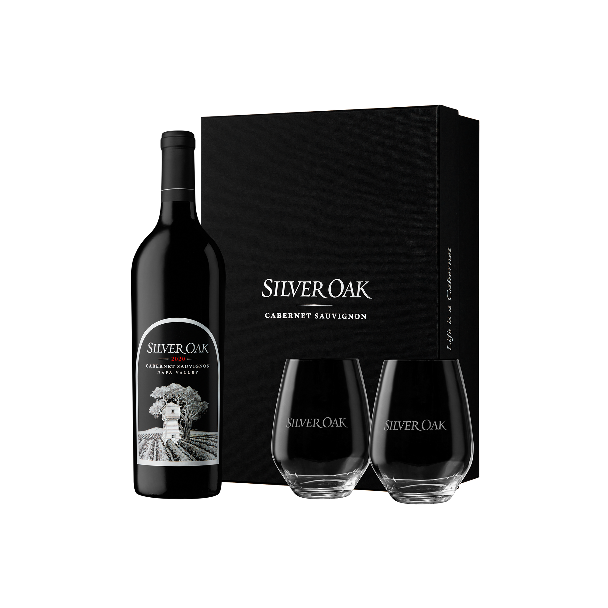 Silver Oak Napa Valley Cabernet Sauvignon wine bottle and two stemless wine glasses with a sleek black box on a white background