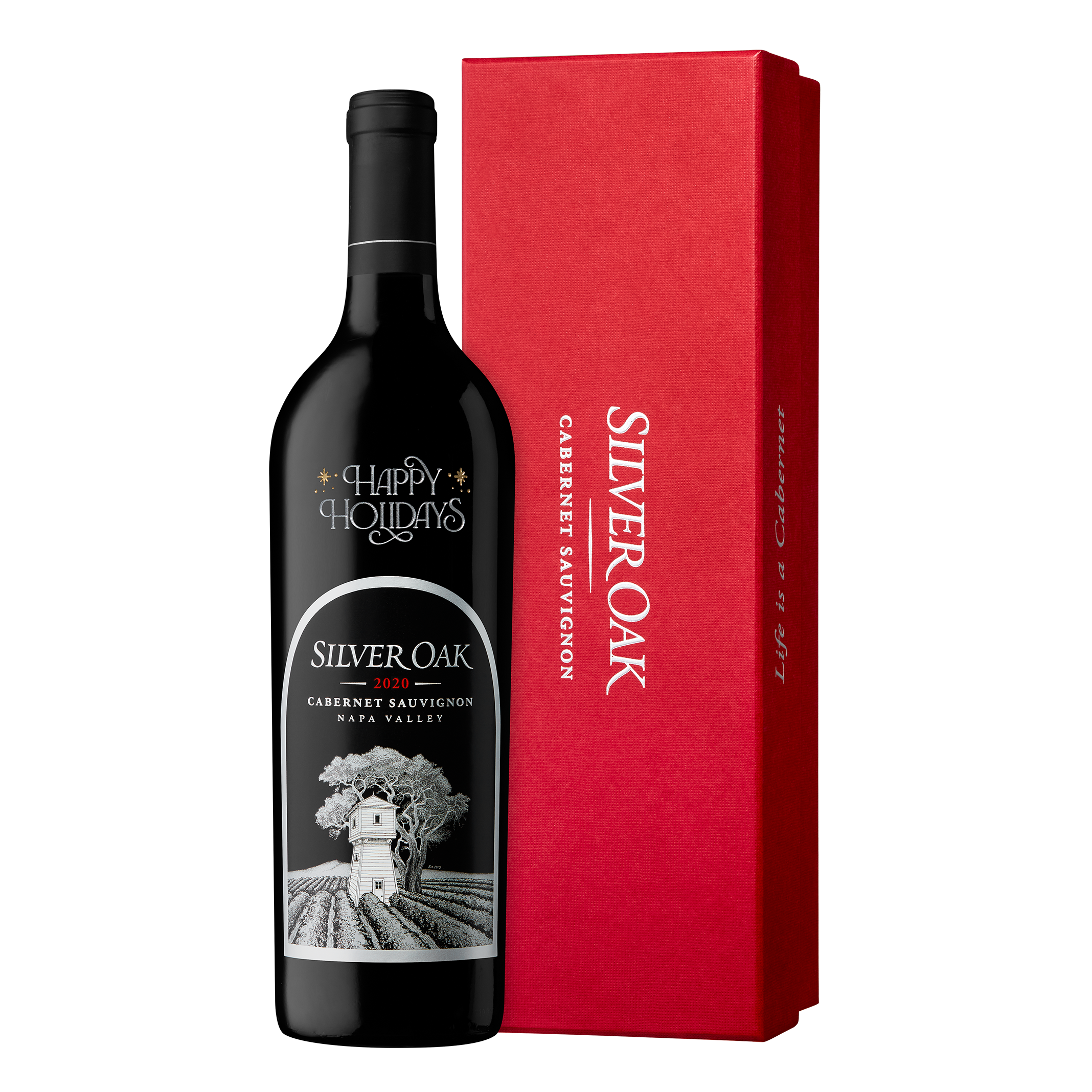 Happy Holidays etched bottle of Silver Oak Napa Valley Cabernet