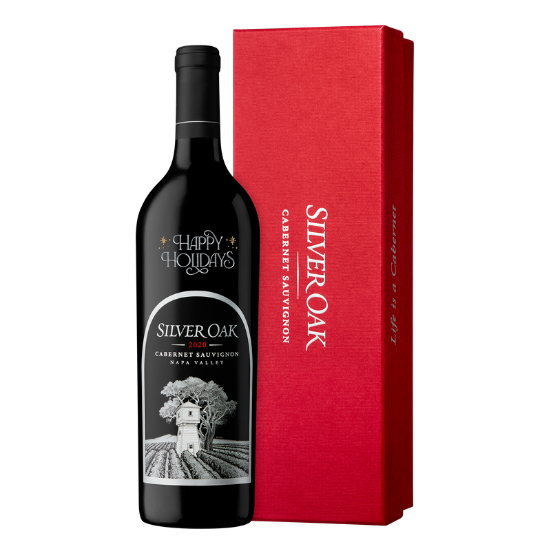 Happy Holidays etched bottle of Silver Oak Napa Valley Cabernet