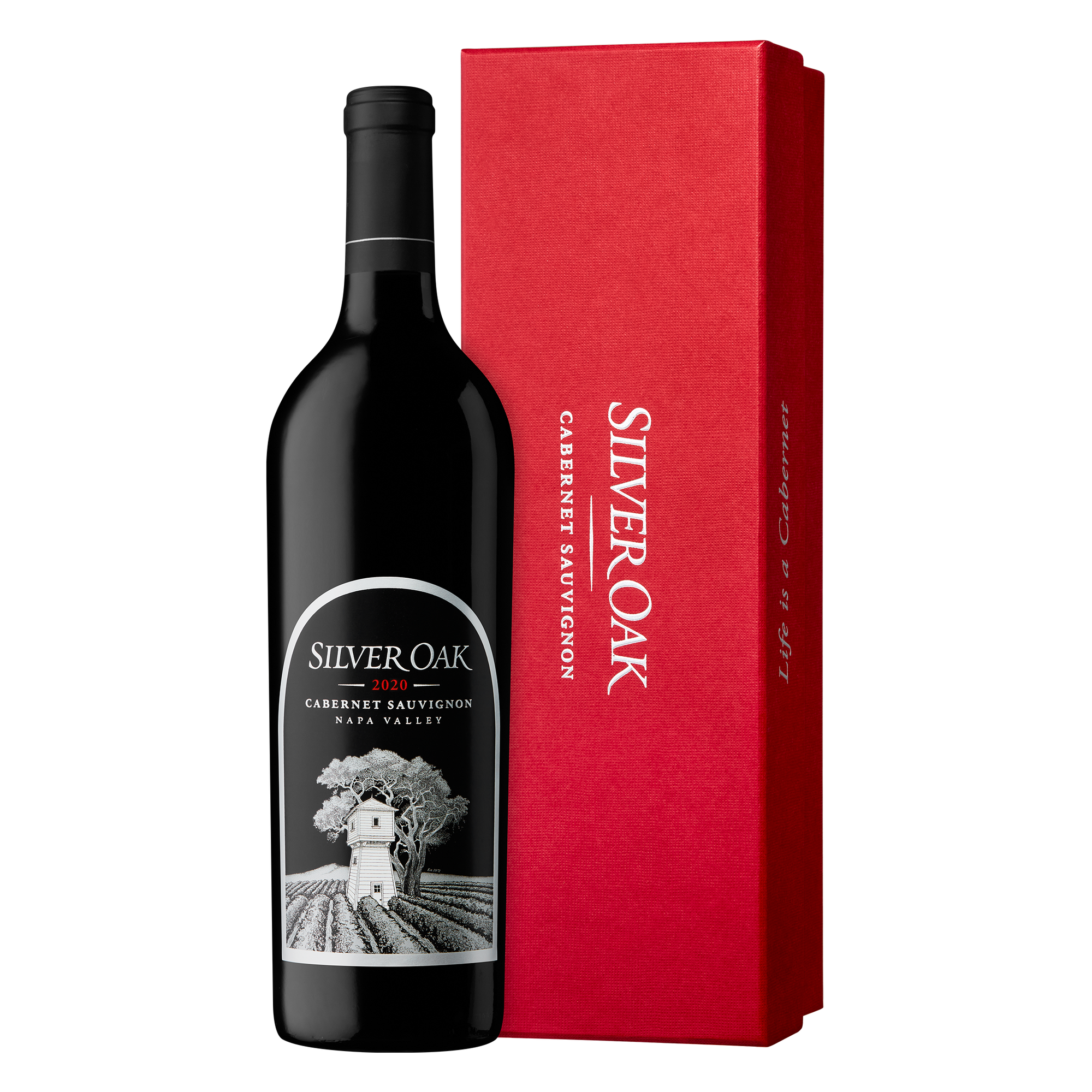 Silver Oak Cabernet Sauvignon wine bottle and red box on a white background