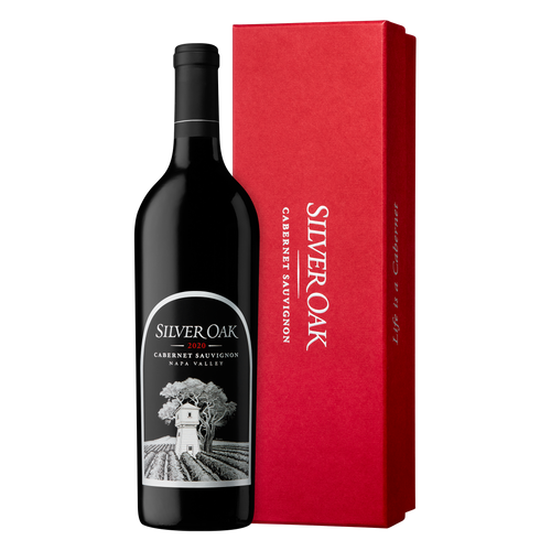 Silver Oak Cabernet Sauvignon wine bottle and red box on a white background