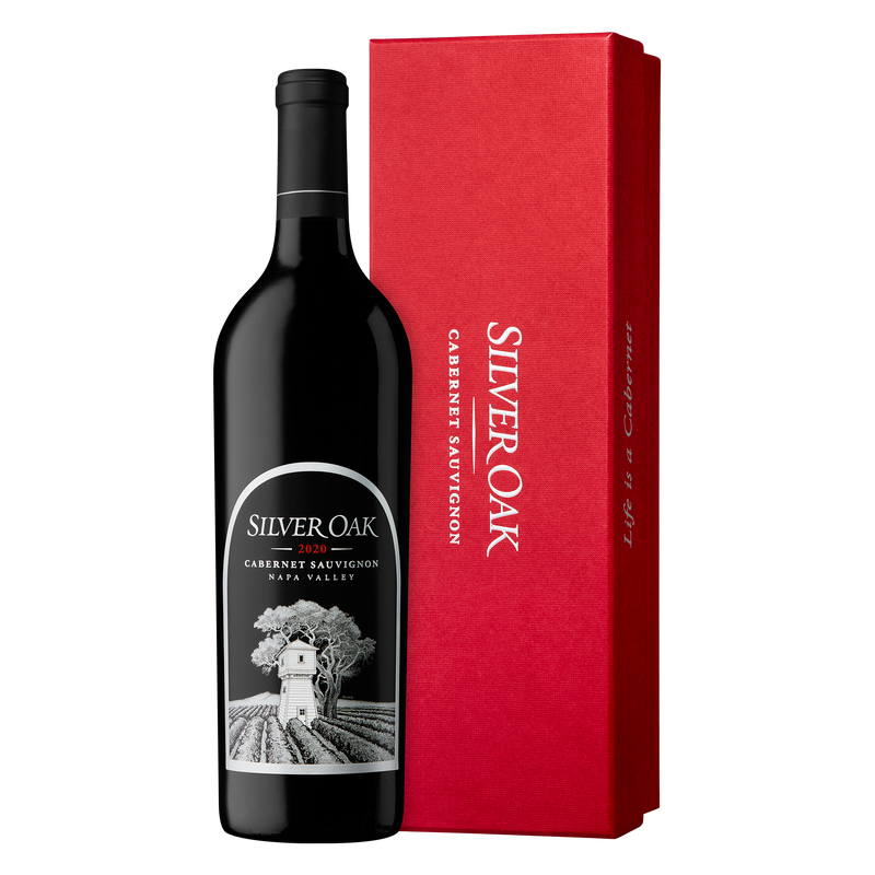 Silver Oak Cabernet Sauvignon wine bottle and red box on a white background