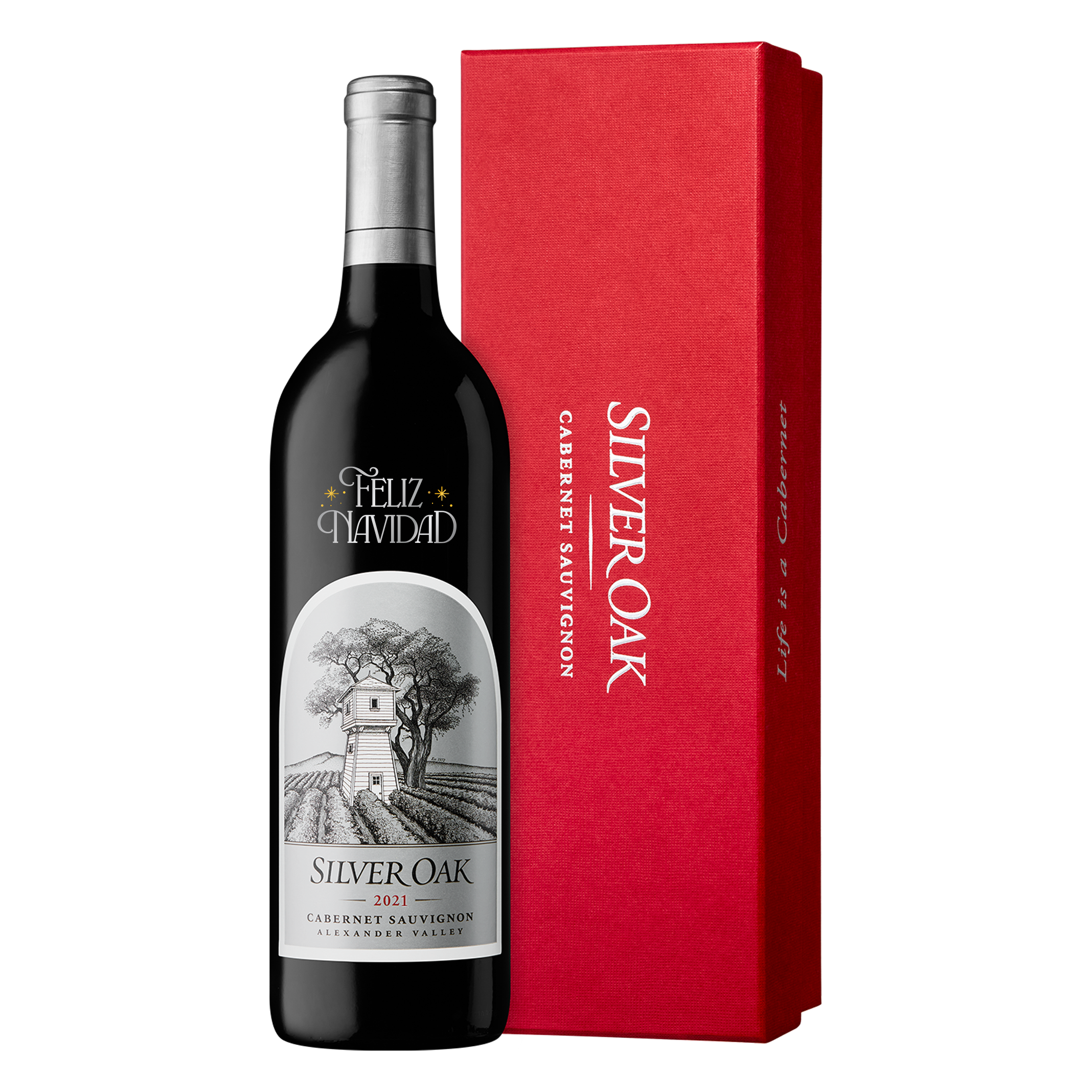 A 2021 bottle of Silver Oak Alexander Valley Cabernet Sauvignon with the message "Feliz Navidad" and a signature red gift box.
