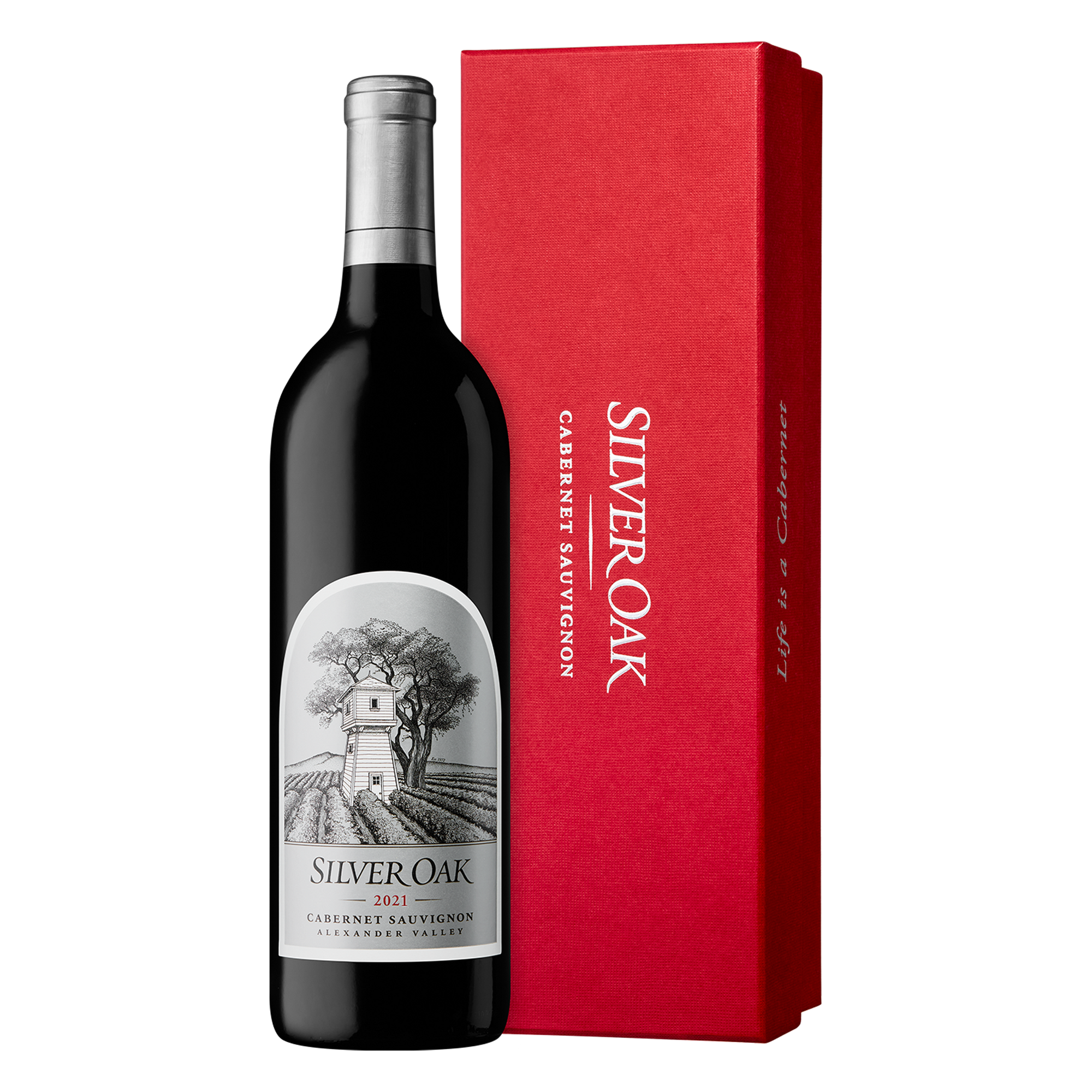2021 Silver Oak Alexander Valley Cabernet Sauvignon wine bottle with red gift box