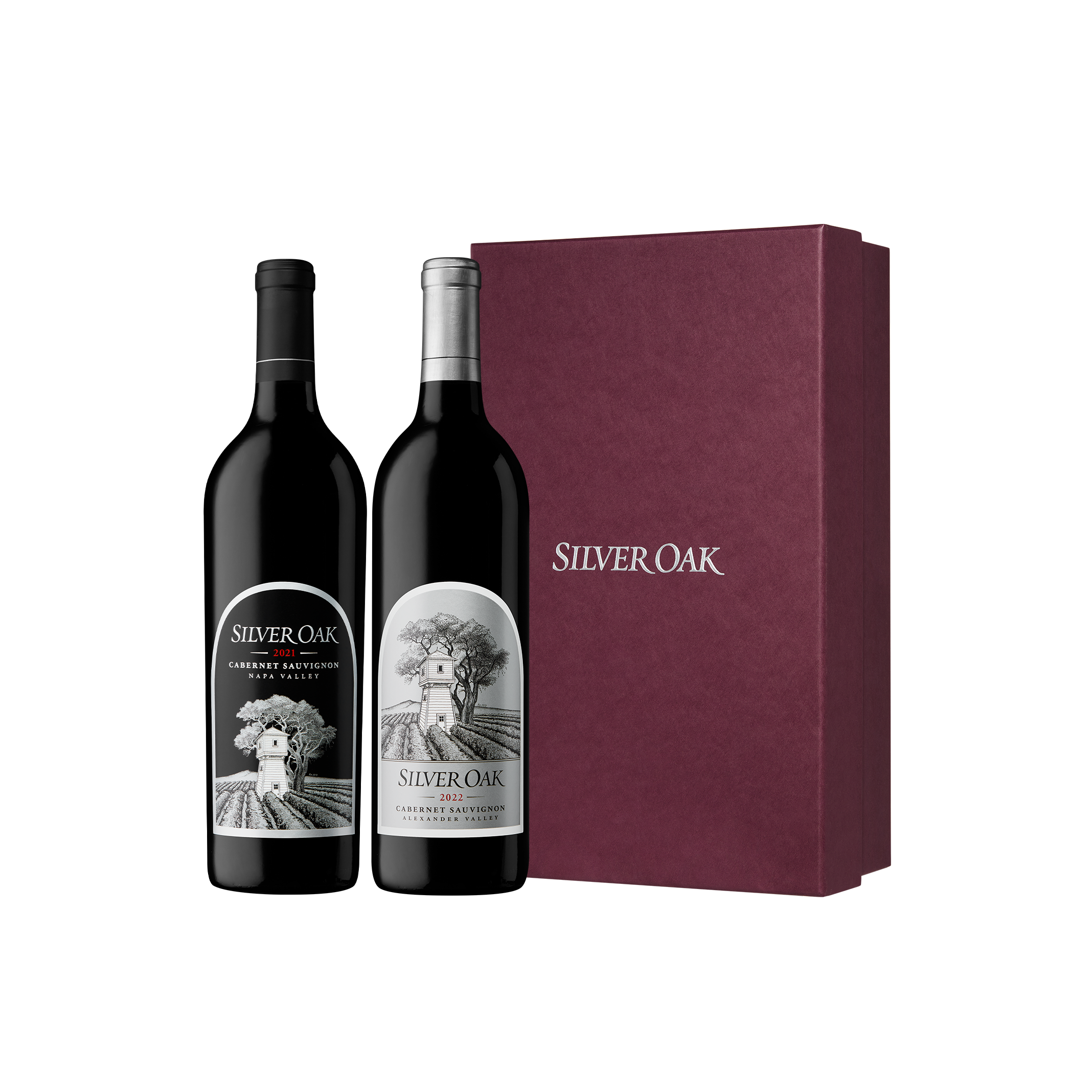 2021 Napa Valley Cabernet Sauvignon and 2022 Alexander Valley Cabernet Sauvignon wine bottles with a two-bottle burgundy gift box
