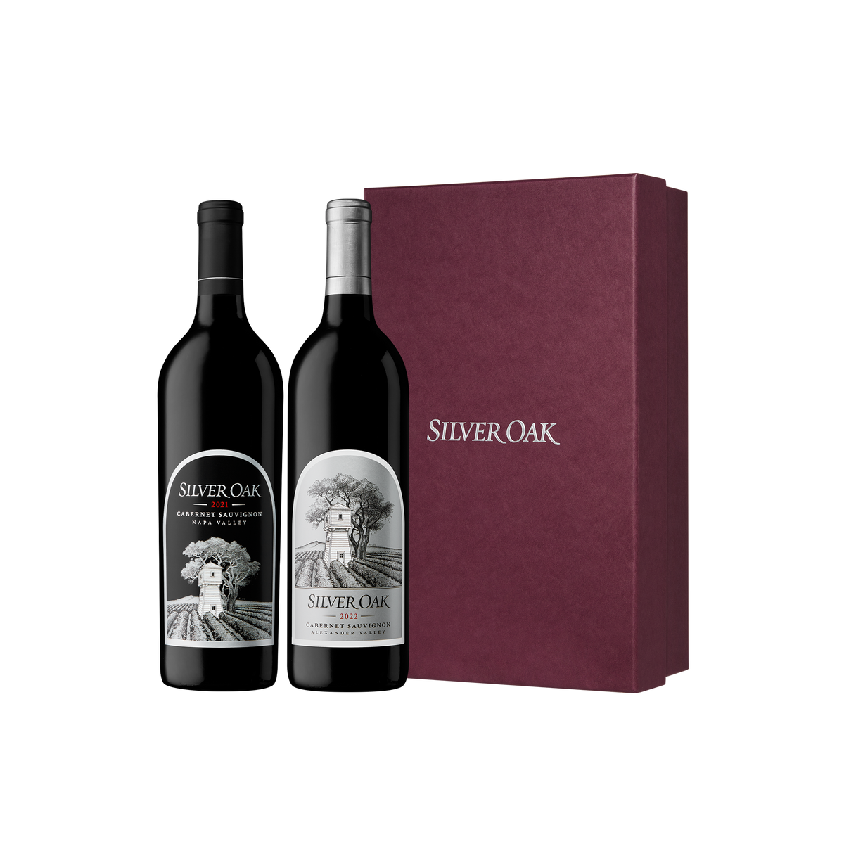 2021 Napa Valley Cabernet Sauvignon and 2022 Alexander Valley Cabernet Sauvignon wine bottles with a two-bottle burgundy gift box