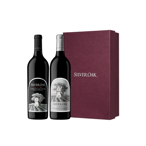 2021 Napa Valley Cabernet Sauvignon and 2022 Alexander Valley Cabernet Sauvignon wine bottles with a two-bottle burgundy gift box