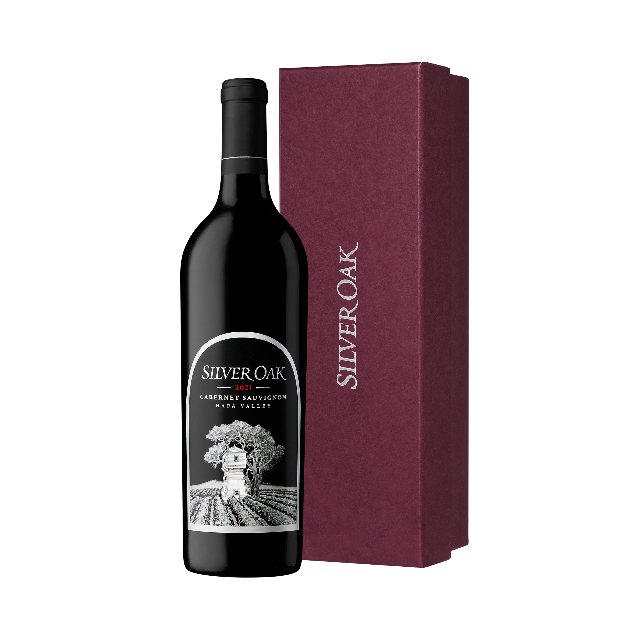 2021 Silver Oak Napa Valley Cabernet Sauvignon wine bottle with a burgundy gift box