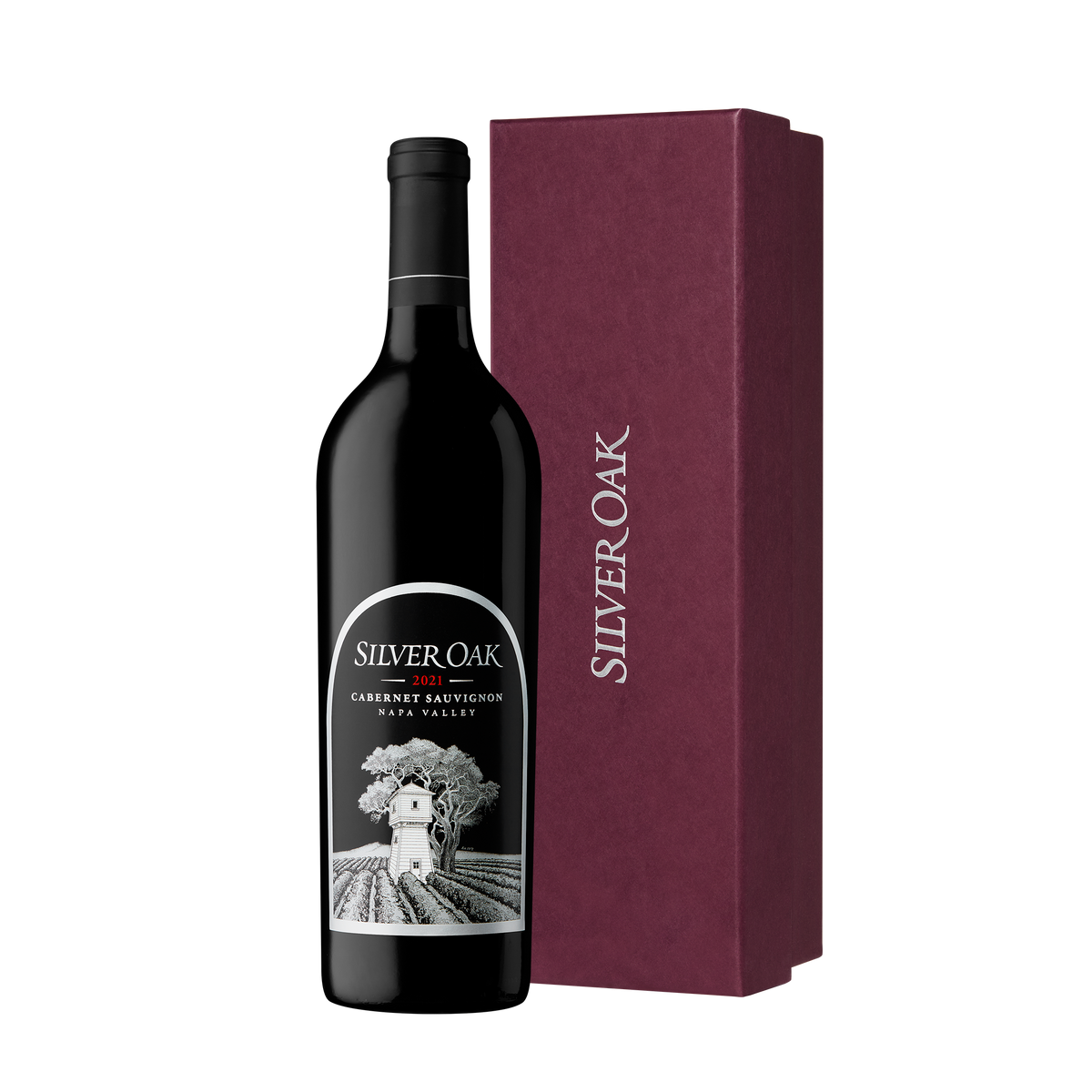 2021 Silver Oak Napa Valley Cabernet Sauvignon wine bottle with a burgundy gift box