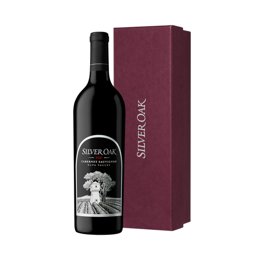 2021 Silver Oak Napa Valley Cabernet Sauvignon wine bottle with a burgundy gift box