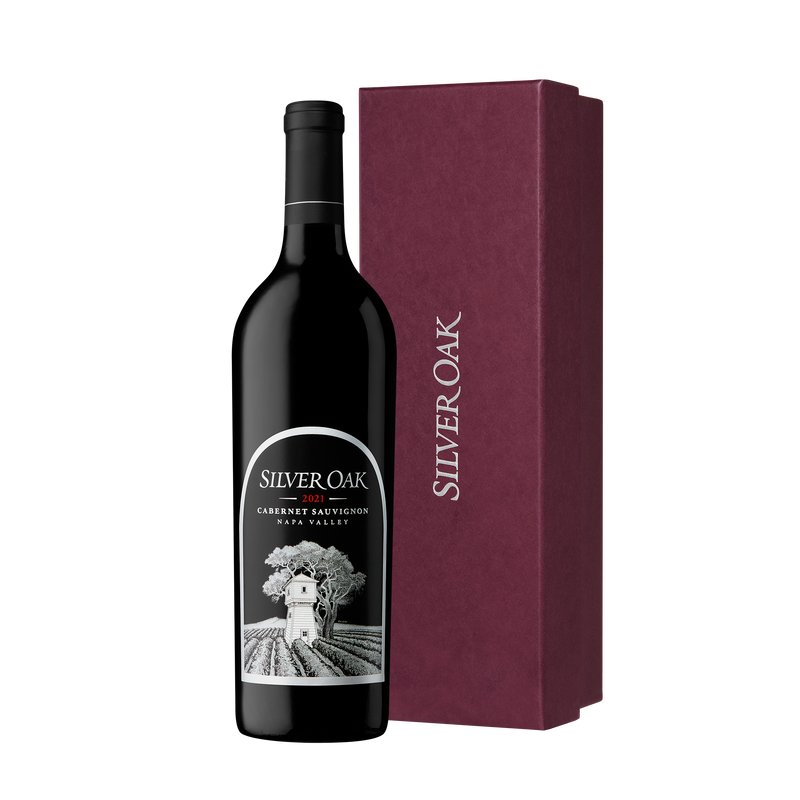2021 Silver Oak Napa Valley Cabernet Sauvignon wine bottle with a burgundy gift box
