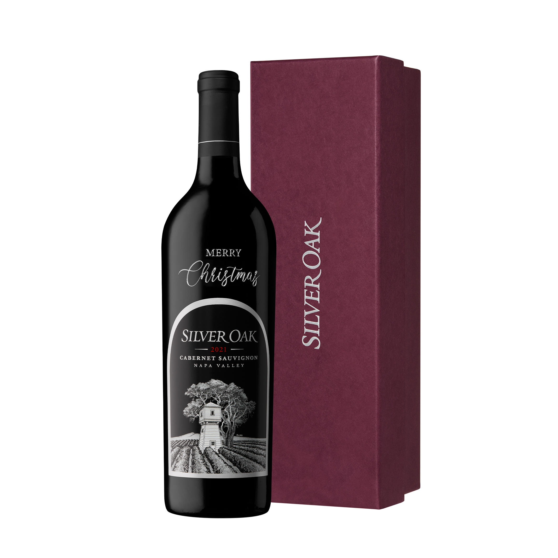 2021 Silver Oak Napa Valley Cabernet Sauvignon 750ml hand-etched with the message "Merry Christmas"