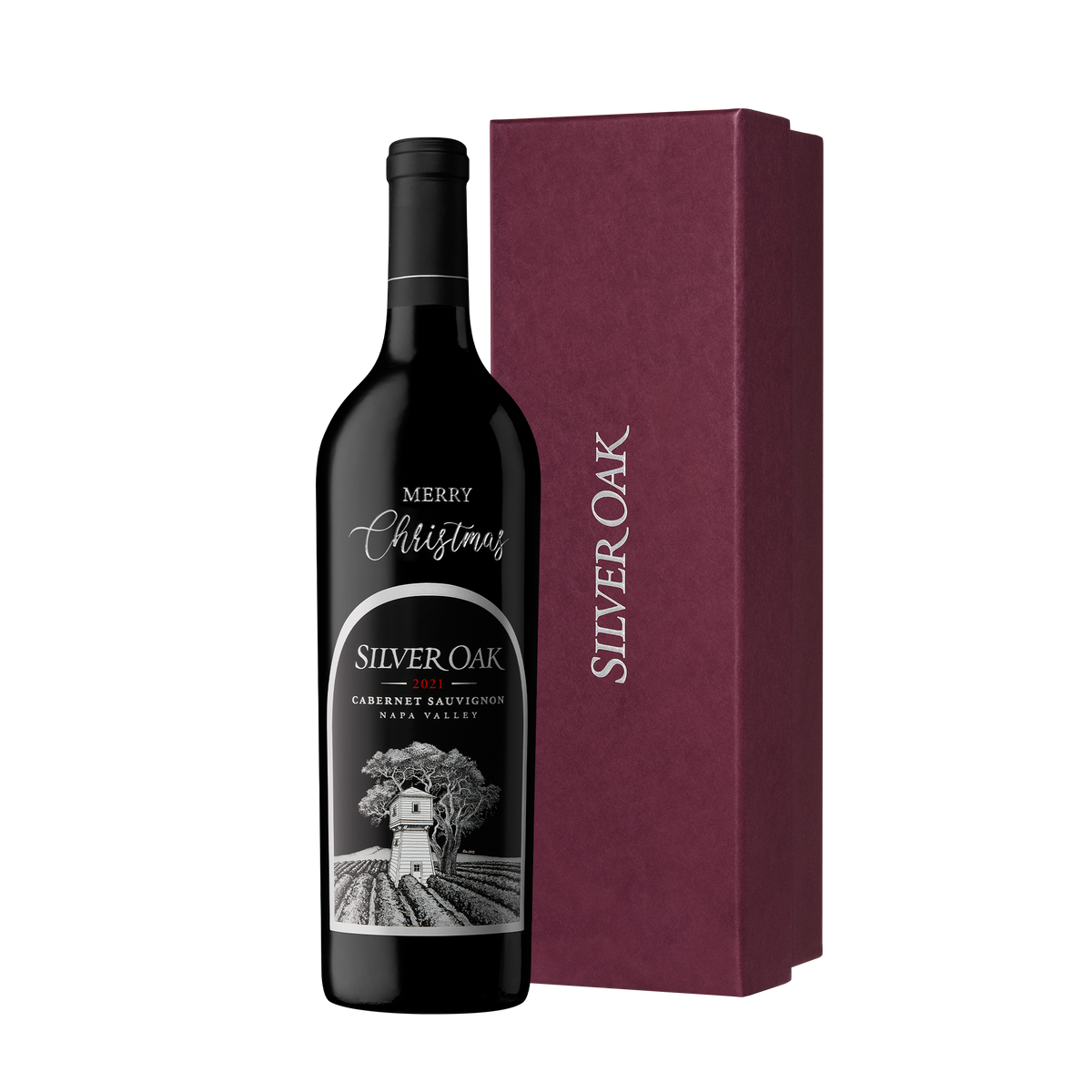 2021 Silver Oak Napa Valley Cabernet Sauvignon 750ml hand-etched with the message "Merry Christmas"