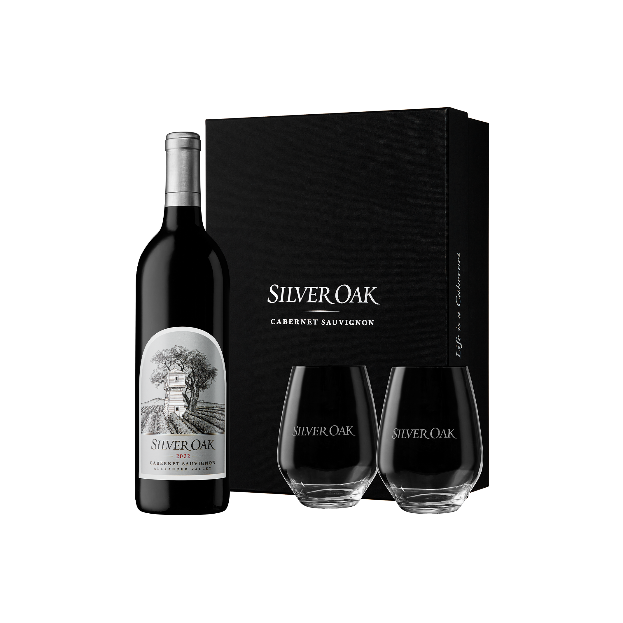 Silver Oak 2022 Alexander Valley Cabernet Sauvignon wine bottle with two stemless wine glasses glasses and a black gift box