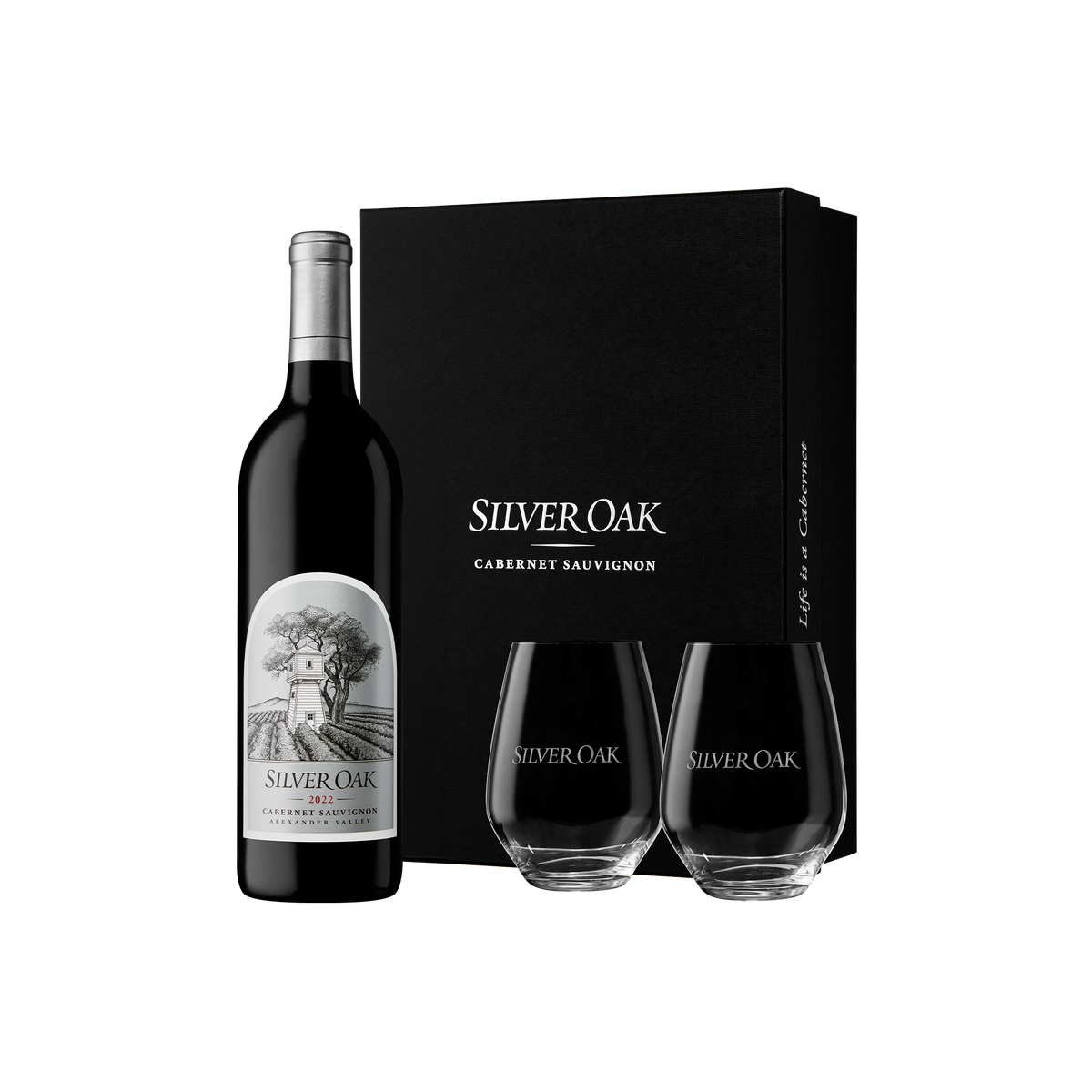 Silver Oak 2022 Alexander Valley Cabernet Sauvignon wine bottle with two stemless wine glasses glasses and a black gift box