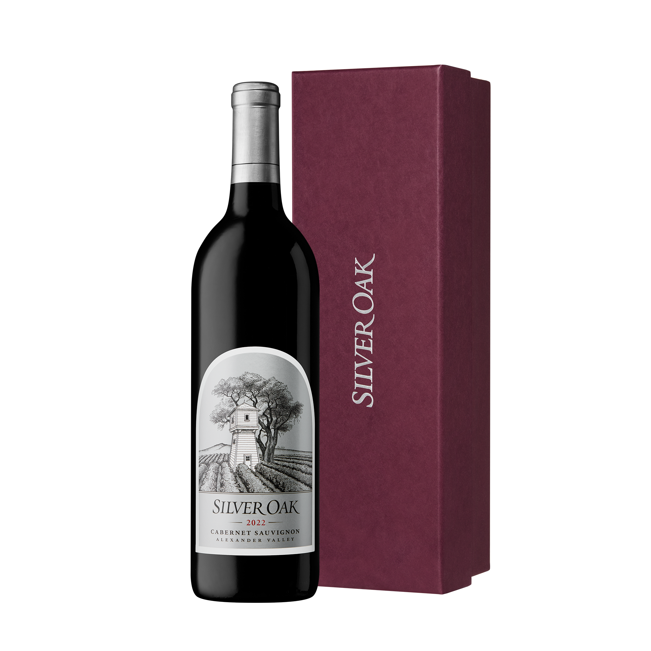 2022 Silver Oak Alexander Valley Cabernet Sauvignon wine bottle with burgundy gift box