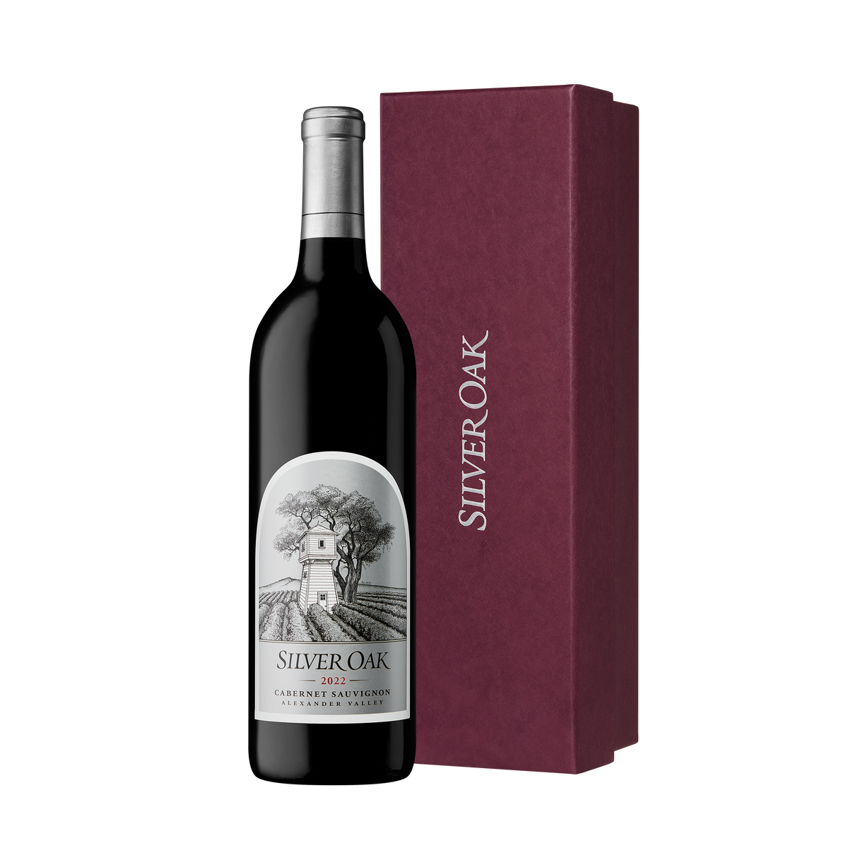 2022 Silver Oak Alexander Valley Cabernet Sauvignon wine bottle with burgundy gift box
