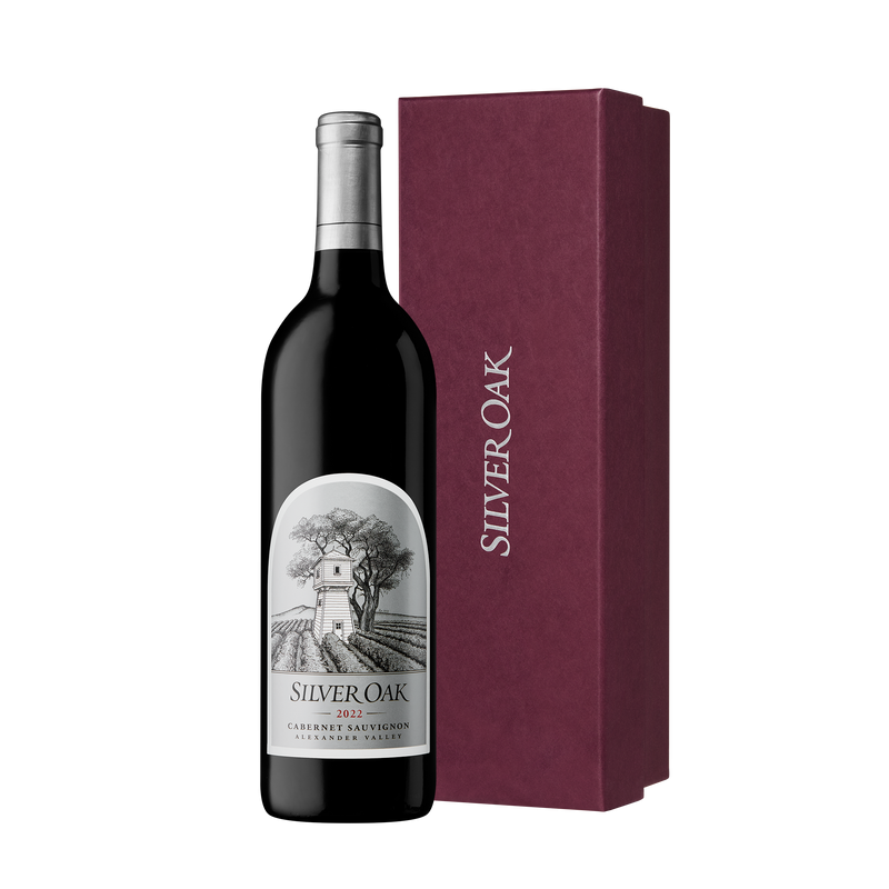 2022 Silver Oak Alexander Valley Cabernet Sauvignon wine bottle with burgundy gift box