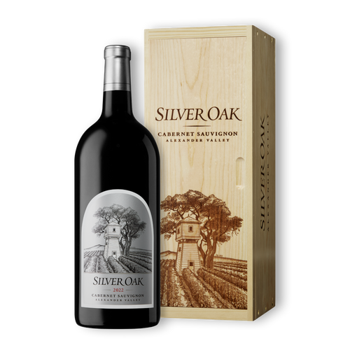 2022 Silver Oak Alexander Valley Cabernet Sauvignon 3L wine bottle and wooden box