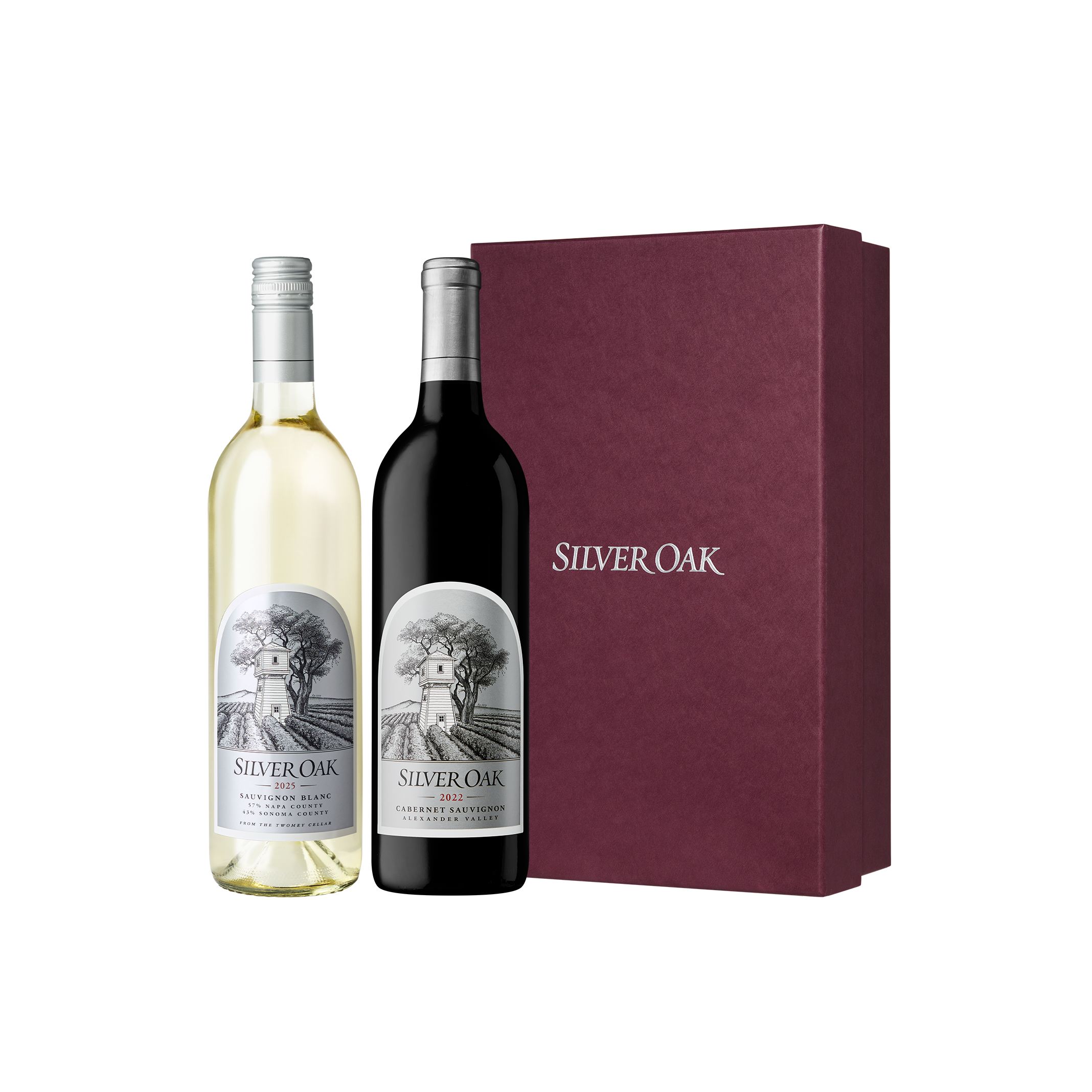 A bottle of Silver Oak Sauvignon Blanc and Alexander Valley Cabernet Sauvignon with a burgundy gift box | Cabernet & Sauvignon Blanc Holiday Gift