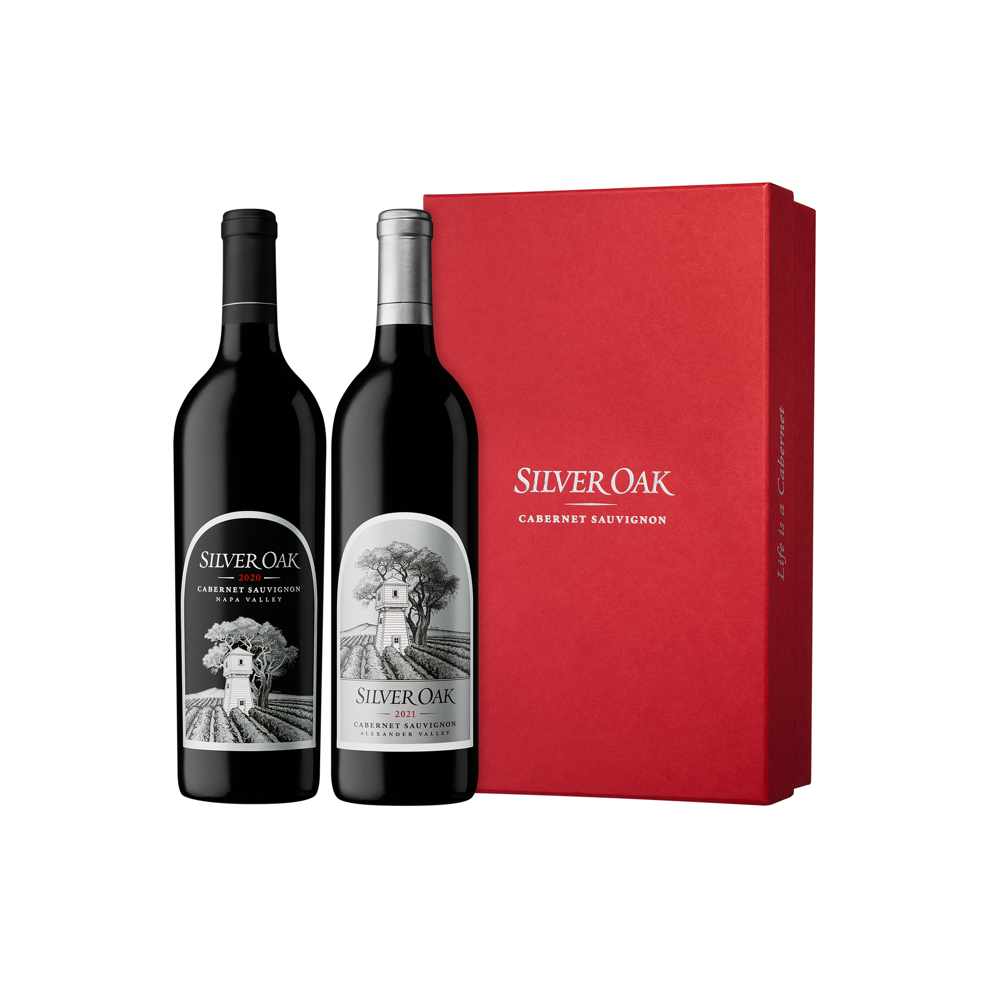 2020 Napa Valley Cabernet Sauvignon and 2021 Alexander Valley Cabernet Sauvignon wine bottles with a two-bottle red gift box