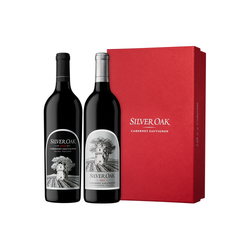 2020 Napa Valley Cabernet Sauvignon and 2021 Alexander Valley Cabernet Sauvignon wine bottles with a two-bottle red gift box