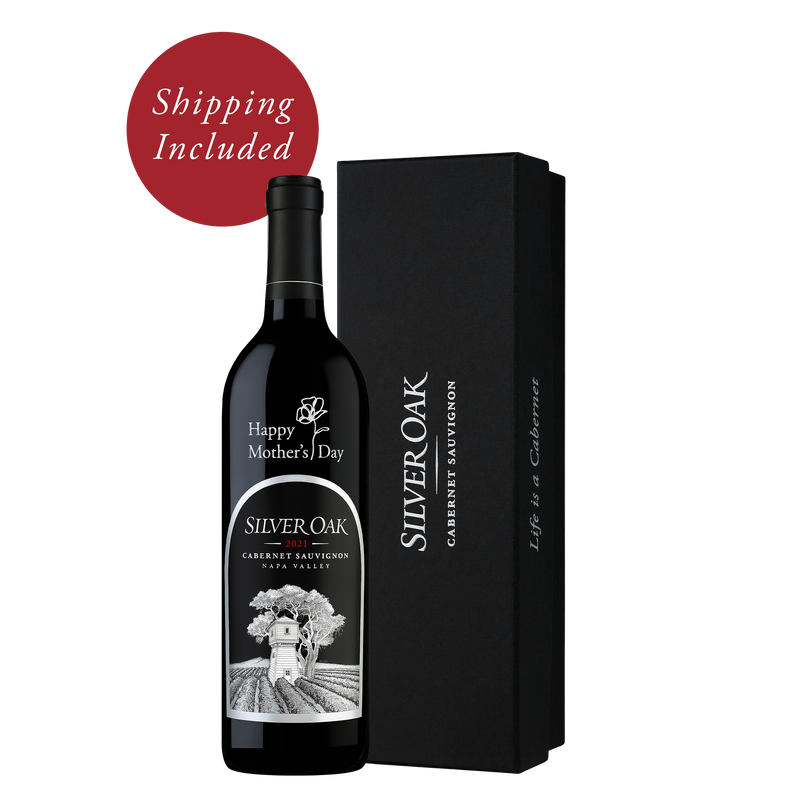 Happy Mother's Day Etched Napa Valley Gift with black Silver Oak gift box and Shipping Included badge