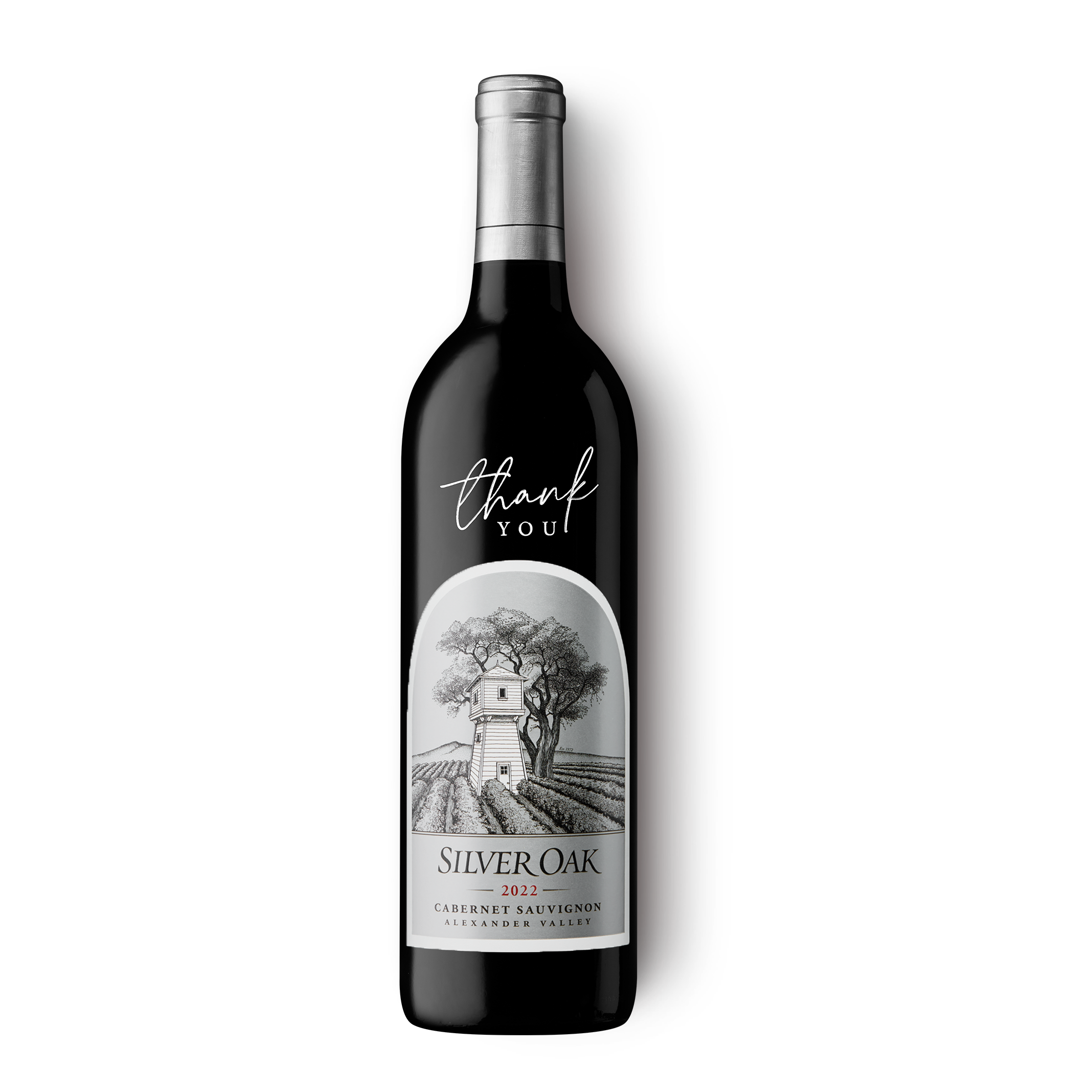 Silver Oak 2022 Alexander Valley Cabernet Sauvignon wine bottle etched and hand-painted with a message of Thank You