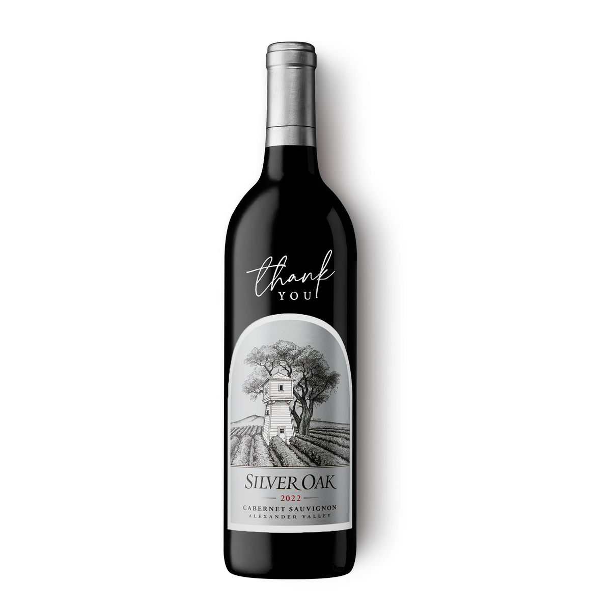 Silver Oak 2022 Alexander Valley Cabernet Sauvignon wine bottle etched and hand-painted with a message of Thank You