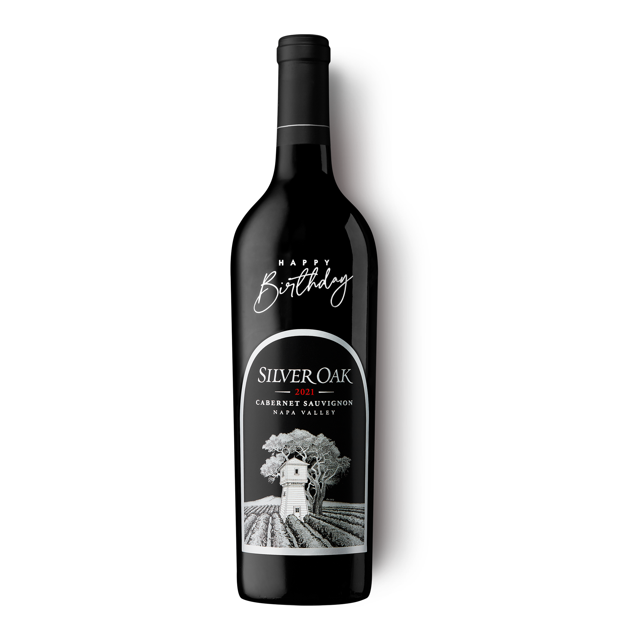 Silver Oak Napa Valley Cabernet Sauvignon etched with a message of Happy Birthday
