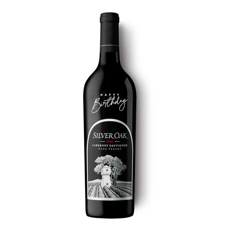Silver Oak Napa Valley Cabernet Sauvignon etched with a message of Happy Birthday