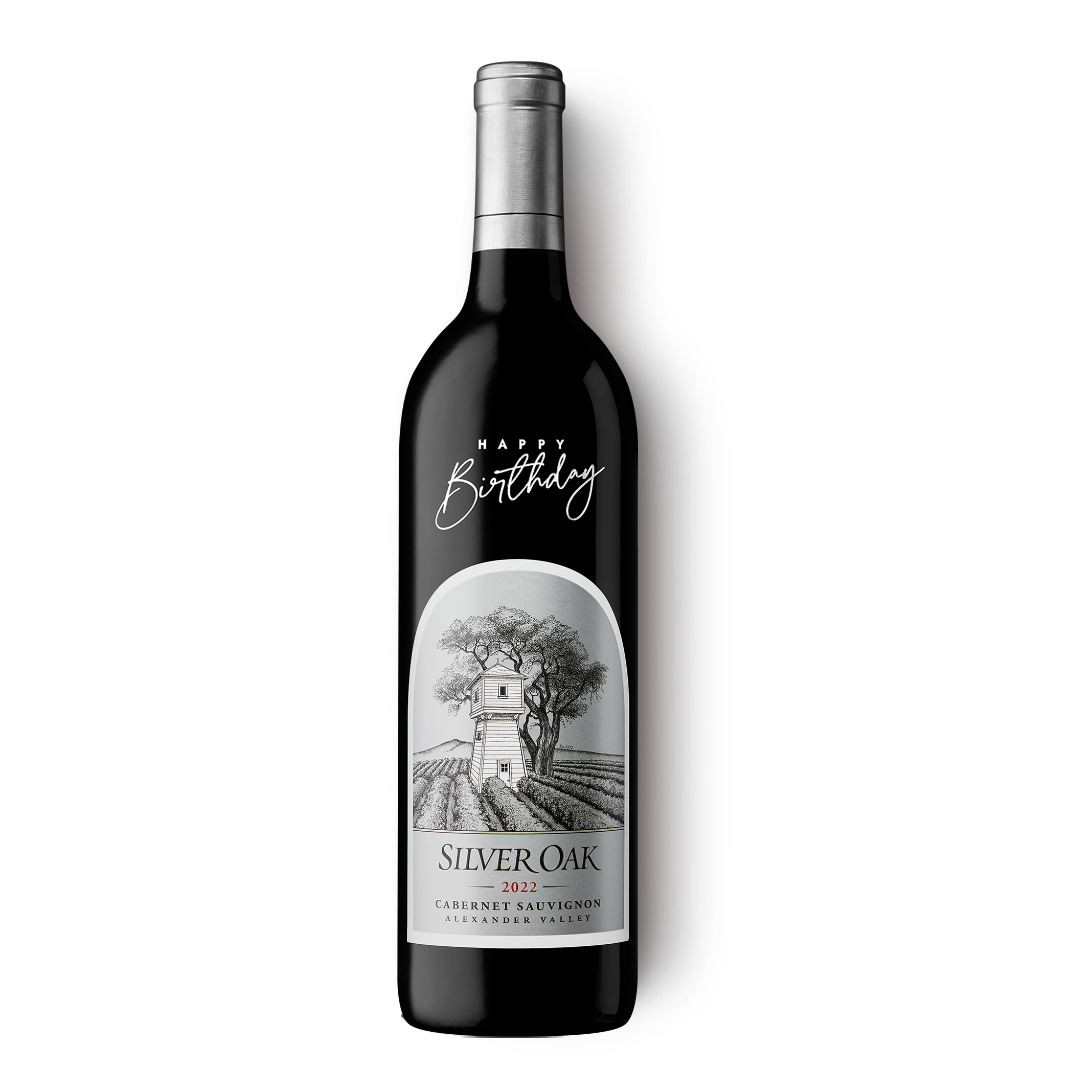Happy Birthday Etched Silver Oak Alexander Valley Cabernet Sauvignon wine bottle