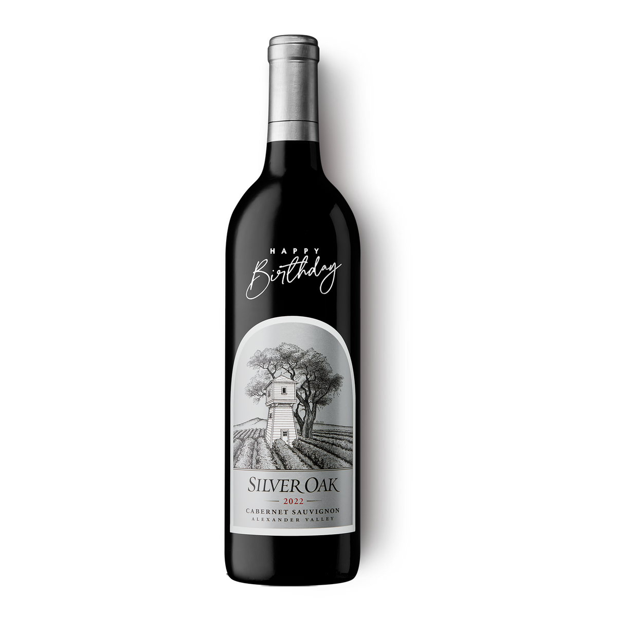 Happy Birthday Etched Silver Oak Alexander Valley Cabernet Sauvignon wine bottle