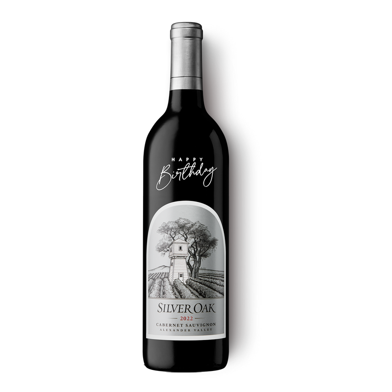 Happy Birthday Etched Silver Oak Alexander Valley Cabernet Sauvignon wine bottle
