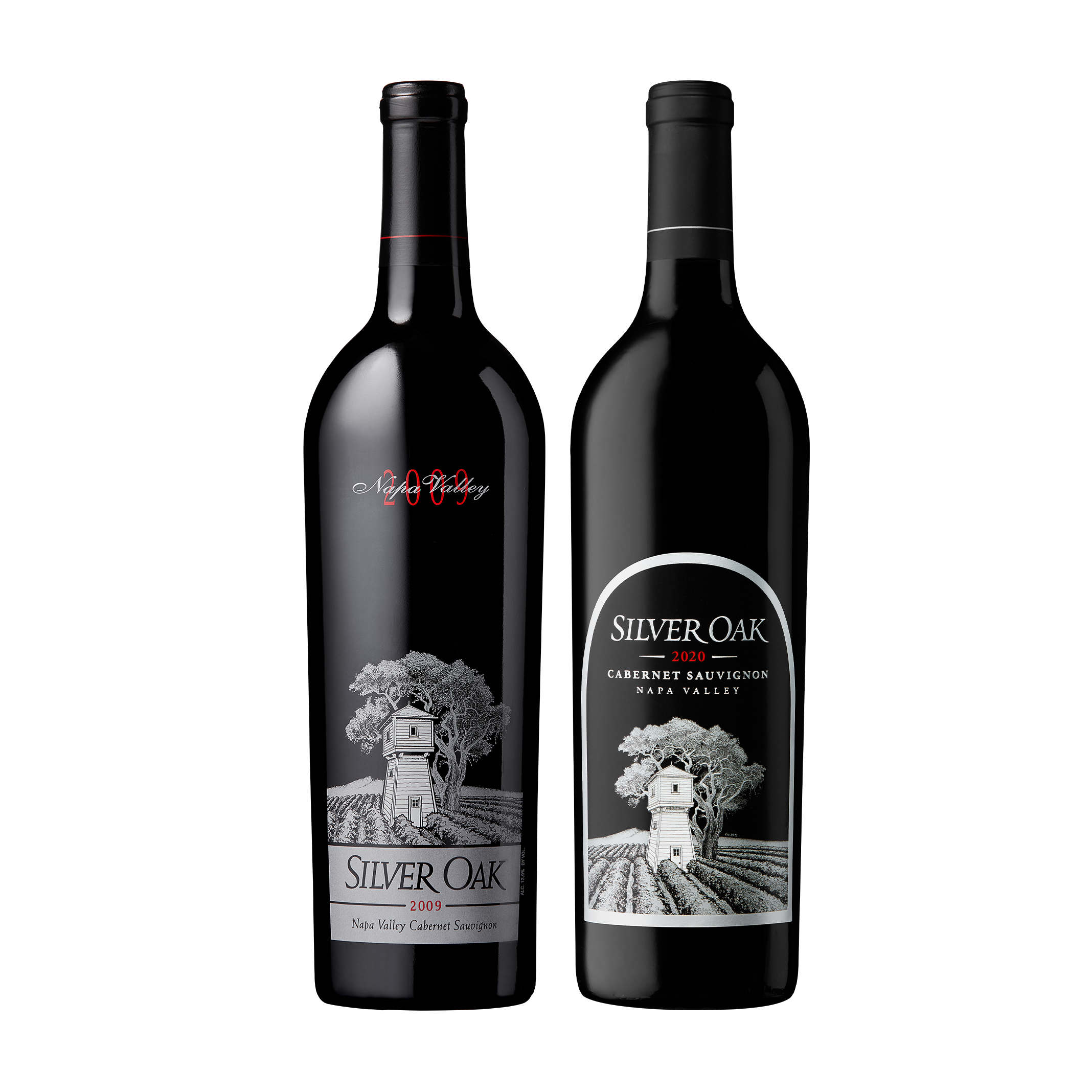 2009 Silver Oak Napa Valley Cabernet Sauvignon and 2020 Silver Oak Napa Valley Cabernet Sauvignon wine bottles
