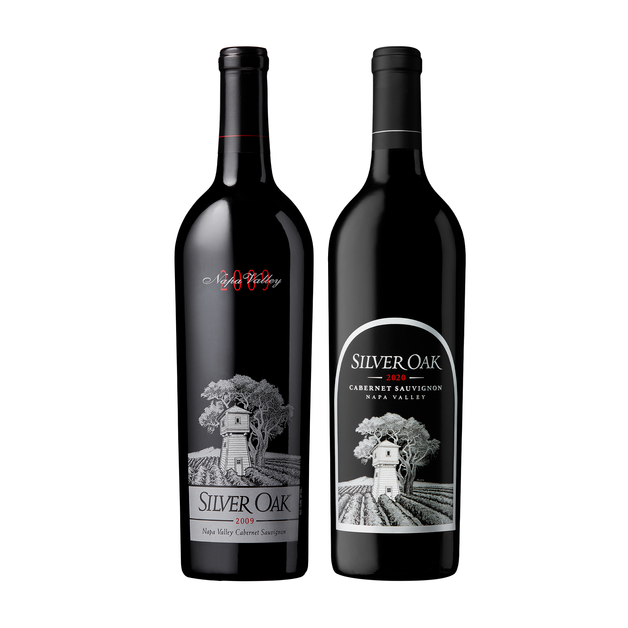 2009 Silver Oak Napa Valley Cabernet Sauvignon and 2020 Silver Oak Napa Valley Cabernet Sauvignon wine bottles