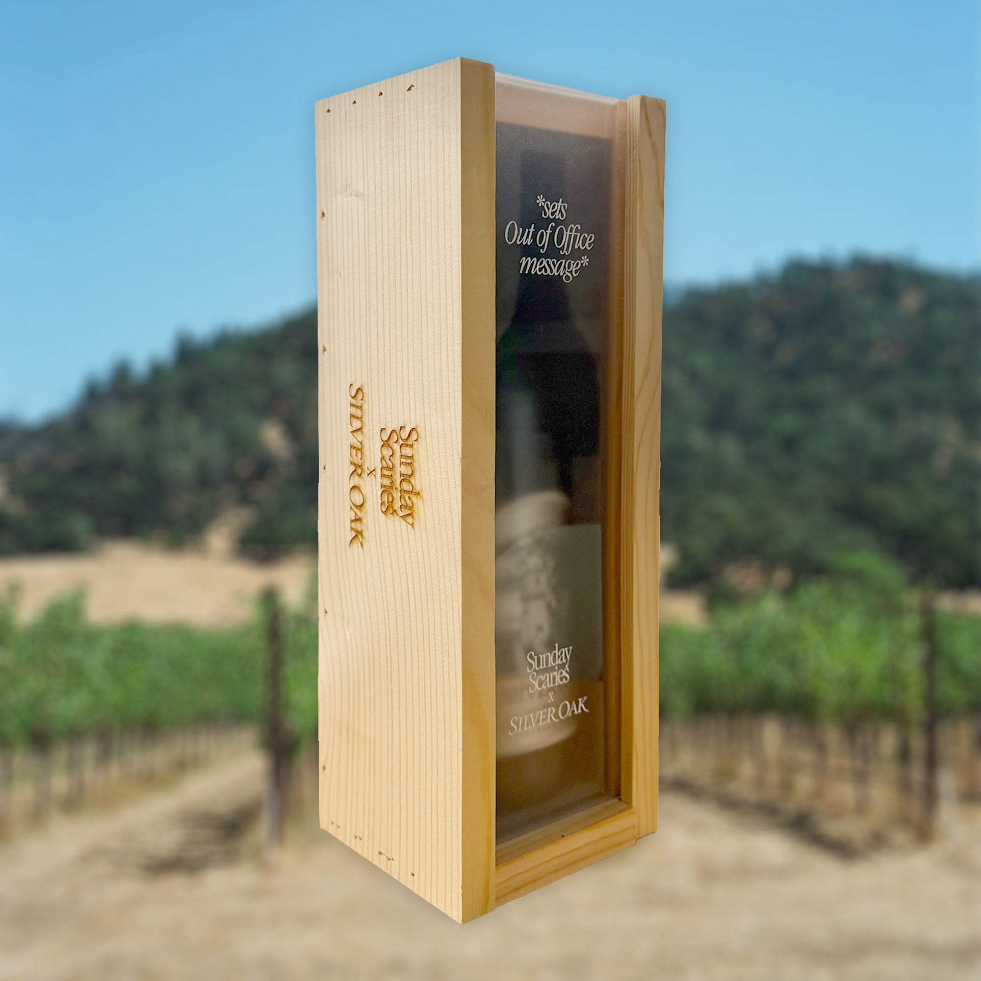 Silver Oak x Sunday Scaries Gift Box | *sets Out of Office message* wooden gift box with wine bottle inside