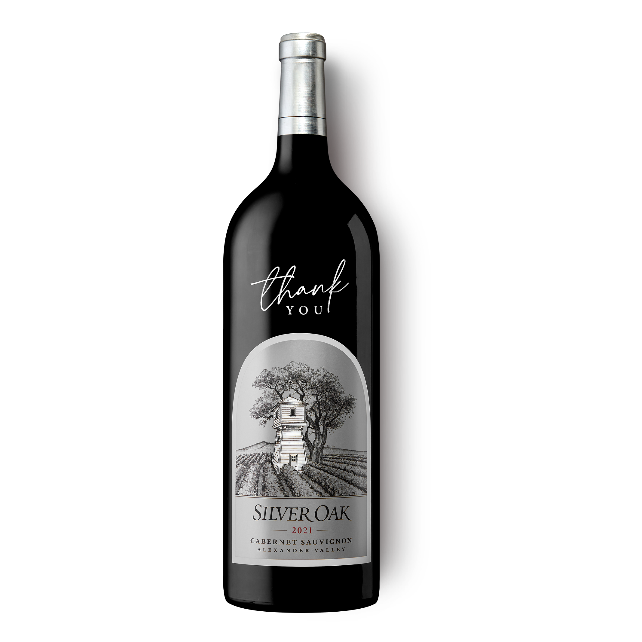 2021 Silver Oak Alexander Valley 1.5L magnum wine bottle etched with a message of 'thank you'
