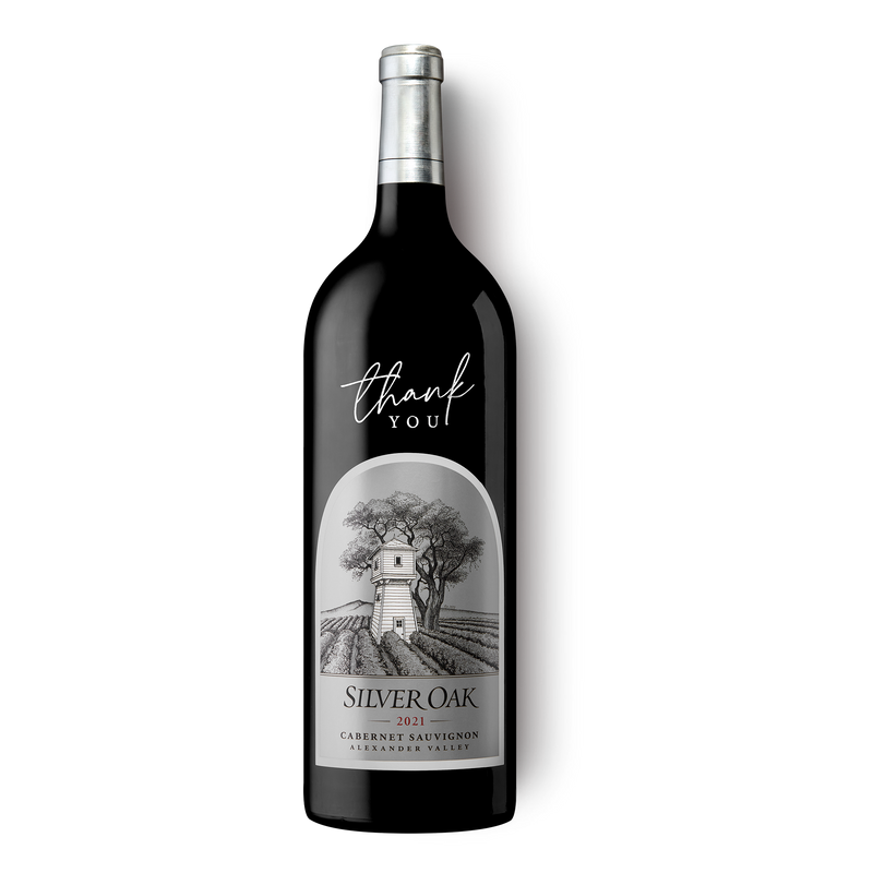 2021 Silver Oak Alexander Valley 1.5L magnum wine bottle etched with a message of 'thank you'