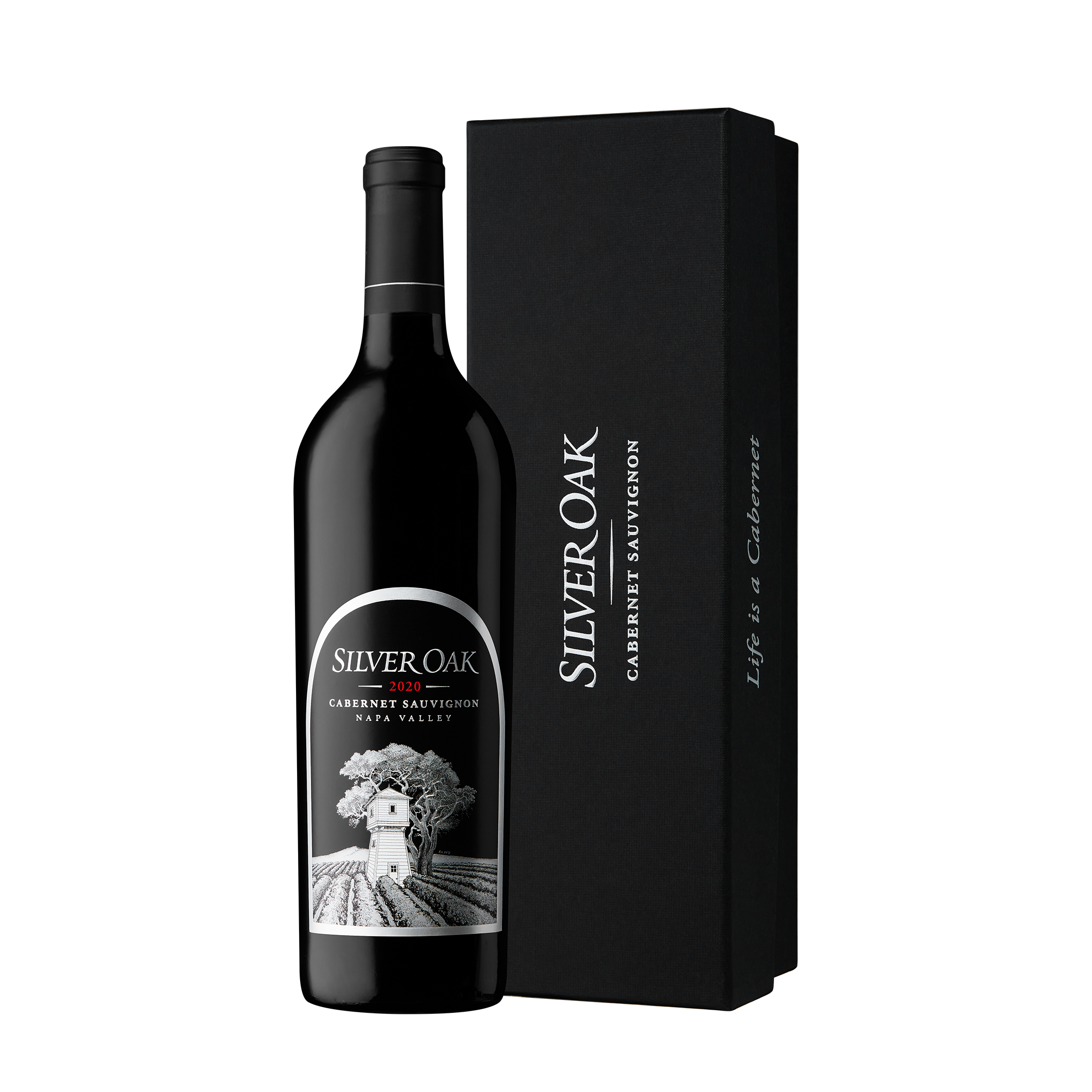 Silver Oak Cabernet Sauvignon wine bottle with a black gift box