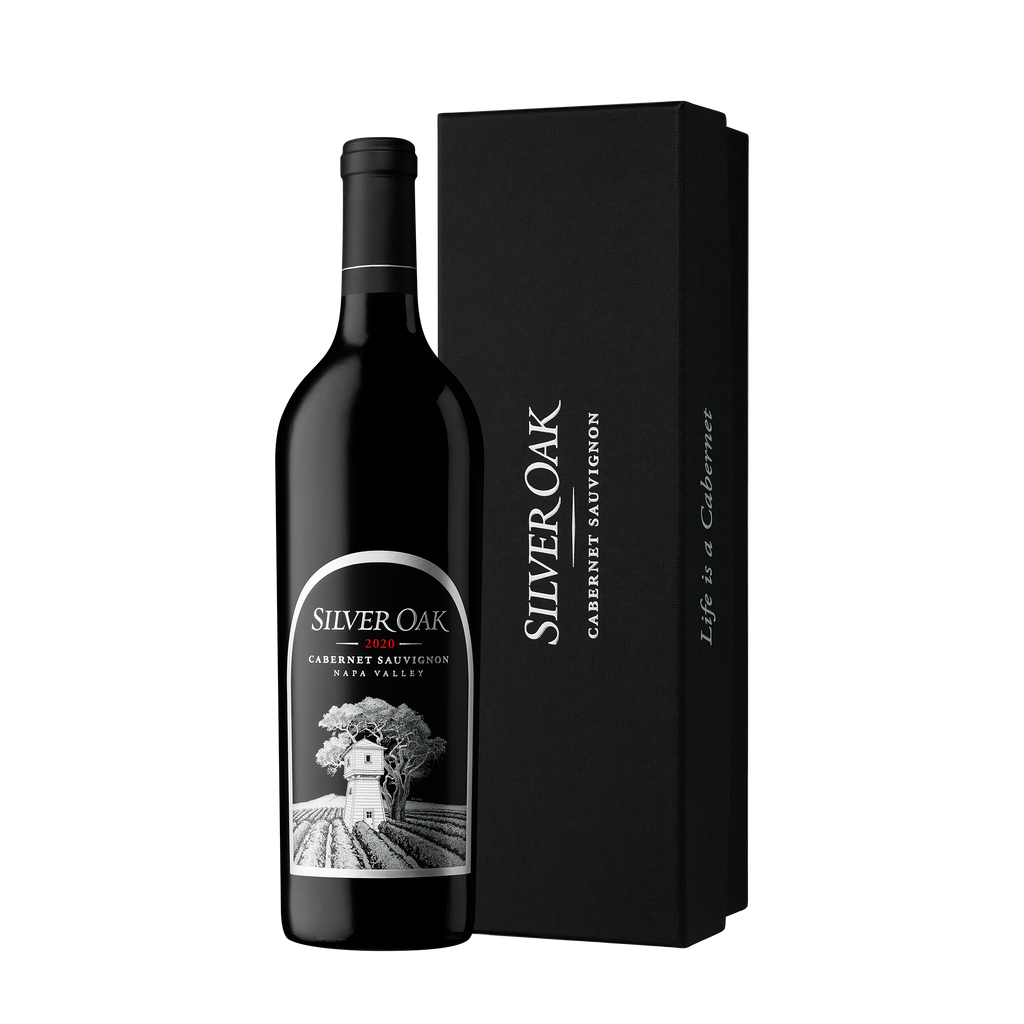 Silver Oak Cabernet Sauvignon wine bottle with a black gift box