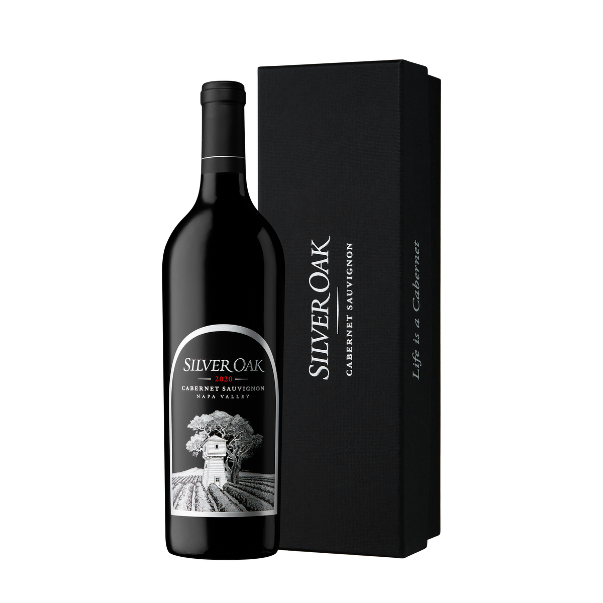 Silver Oak Cabernet Sauvignon wine bottle with a black gift box