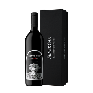 Silver Oak Cabernet Sauvignon wine bottle with a black gift box